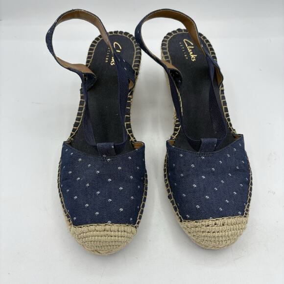 Clarks Artisan Shoes Womens 9 Petrina Kaelie Blue Canvas Sandals Espadrille Wedg - Picture 3 of 9